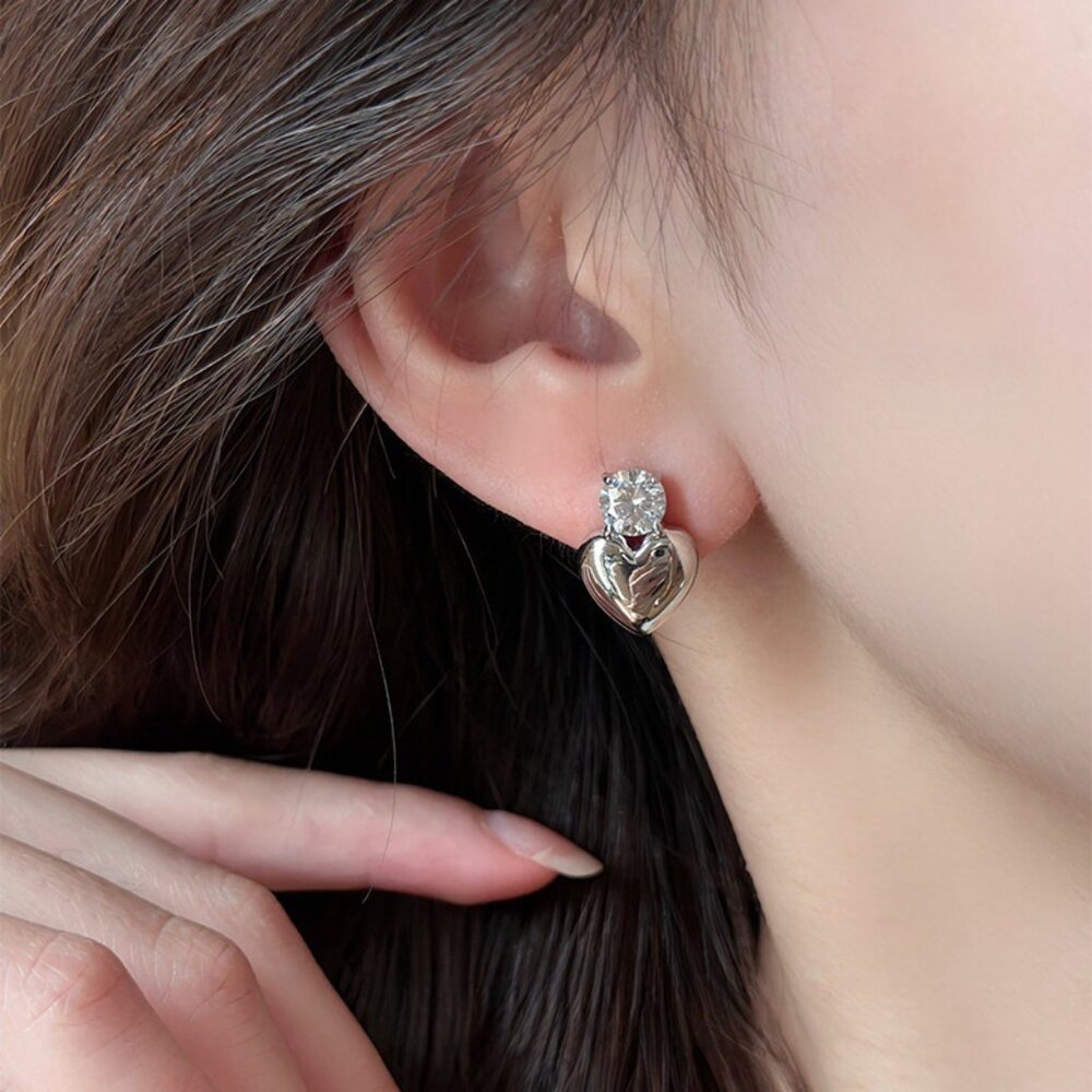 3/$35 Silver Tone Heart Stud Earrings CZ Rhinestone Accent Dainty Jewelry